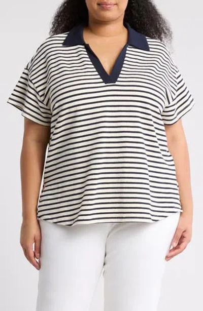 Adrianna Papell Striped Knit Polo In Blue