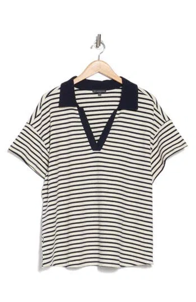 Adrianna Papell Striped Knit Polo In Ivory/navy