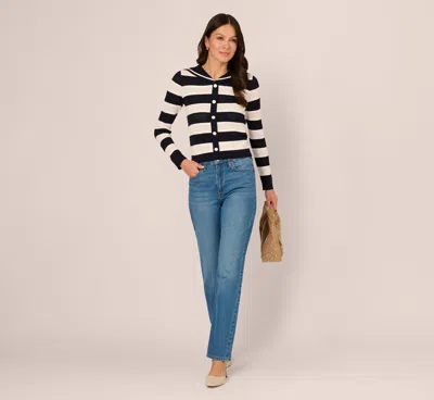 Adrianna Papell Striped Open Knit Sailor Collar Cardigan In Blue Moon Ivory In Multi