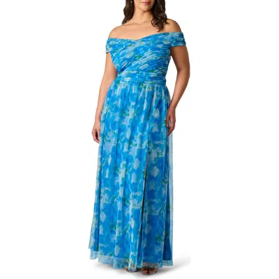 Adrianna Papell Plus Size Printed Tulle Off-the-shoulder Gown In Blue