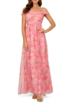 Adrianna Papell Sweetpea Off The Shoulder Tulle Gown In Pink Multi