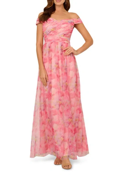 Adrianna Papell Sweetpea Off The Shoulder Tulle Gown In Pink Multi