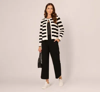 Adrianna Papell Textured Knit Blanket Stitch Cardigan Sweater In Ivory Black