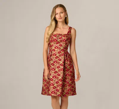 Adrianna Papell Textured Metallic Floral Jacquard Fit And Flare Dress In Red Gold