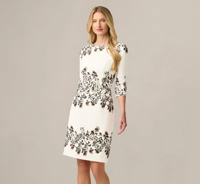 Adrianna Papell Three Quarter Sleeve Baroque Lace Print Stretch Sheath Dress In Ivory Multi