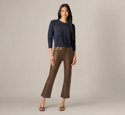 Adrianna Papell Three Quarter Sleeve Contrast Stitch Sweater In Navy Khaki In Blue