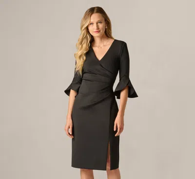 Adrianna Papell Three Quarter Sleeve Faux Wrap Midi Dress In Black
