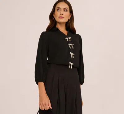 Adrianna Papell Three Quarter Sleeve Pearly Bow Blouse In Black