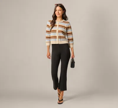 Adrianna Papell Three Quarter Sleeve Pebble Texture Cardigan Sweater In Brown Classic Blue Combo In Brown/classic Blue Combo