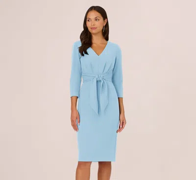 Adrianna Papell Three Quarter Sleeve Pleated Midi Dress With Tie Waist In Blue Mist