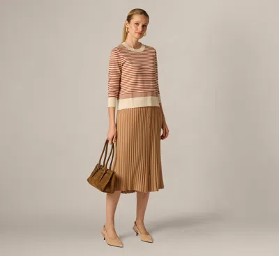 Adrianna Papell Three Quarter Sleeve Stripe Knit Sweater Top In Cream Mocha Bisque In Multi