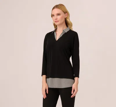 Adrianna Papell Three Quarter Sleeve Sweater With Button Down Accents In Blackw Black Ivorysmall Stripe