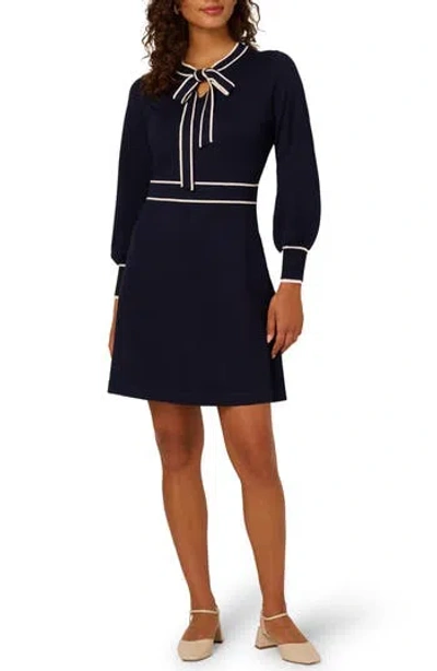 Adrianna Papell Tie Neck Long Sleeve Fit & Flare Sweater Dress In Blue