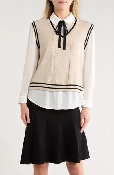 Adrianna Papell Tie Neck Twofer Sweater In Multi