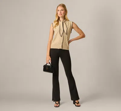 Adrianna Papell Tie Neck Whipstitch Cable Knit Sweater Vest In Caramel Black In Caramel/black
