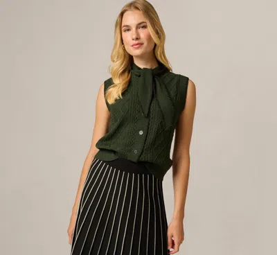 Adrianna Papell Tie Neck Whipstitch Cable Knit Sweater Vest In Jungle Green Black In Jungle Green/black