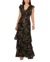 Adrianna Papell Tiered Floral Print Lace-up Chiffon Gown In Black Multi