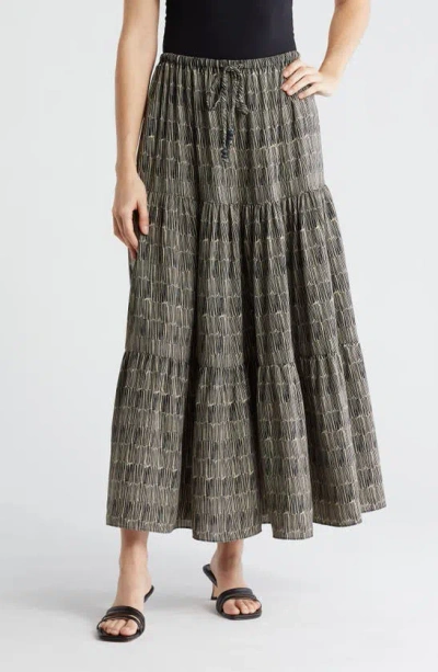 Adrianna Papell Tiered Drawstring Maxi Skirt In Black/ Cream Scribble