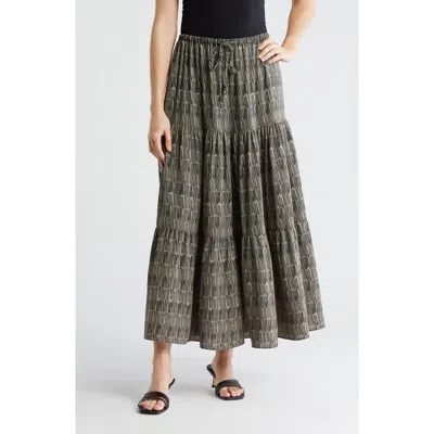 Adrianna Papell Tiered Drawstring Maxi Skirt In Black/cream Scribble