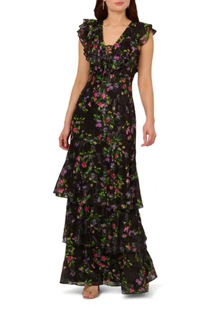 Adrianna Papell Tiered Floral Print Lace-up Chiffon Gown In Black Multi