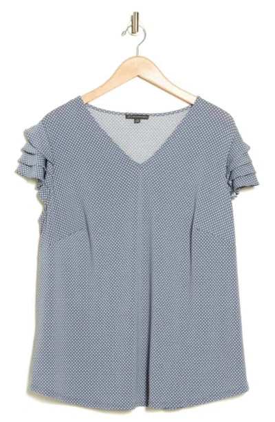 Adrianna Papell Tiered Flutter Sleeve Top In Dusty Blue Small Dot