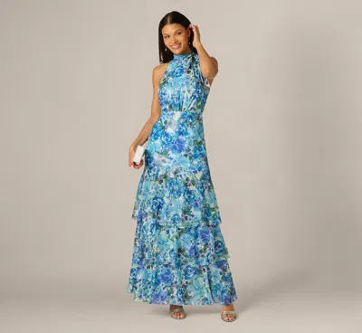 Adrianna Papell Tiered Metallic Floral Chiffon Halter Gown In Blue Multi
