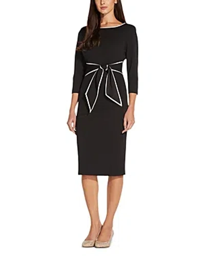 Adrianna Papell Tipped Crepe Tie Waist Dress In Black/ivory