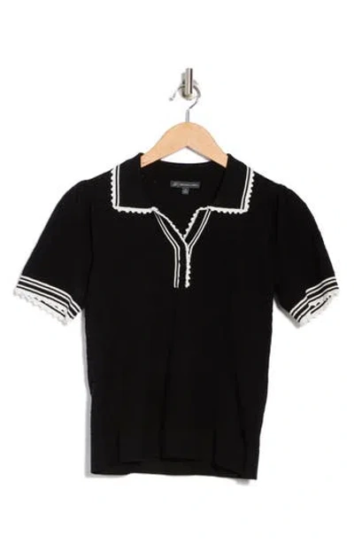 Adrianna Papell Tipped Pointelle Polo Sweater In Black