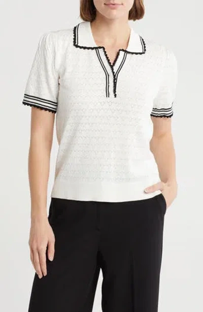 Adrianna Papell Tipped Pointelle Polo Sweater In White