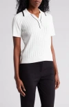 Adrianna Papell Tipped Short Sleeve Polo Sweater In Ivory/black