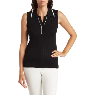 Adrianna Papell Tipped Sleeveless Polo Sweater In Black