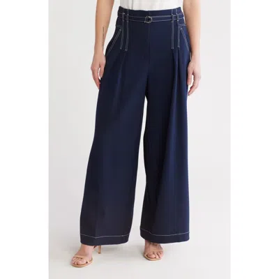 Adrianna Papell Topstitch Paperbag Pants In Blue
