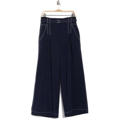 Adrianna Papell Topstitch Paperbag Pants In Navy/ivory