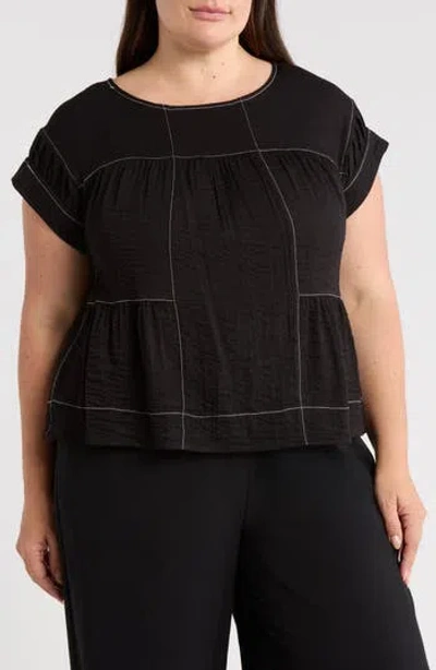 Adrianna Papell Topstitched Crinkled Cap Sleeve Top In Black