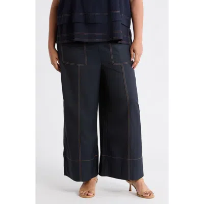 Adrianna Papell Topstitched Wide Leg Pull-on Pants In Blue
