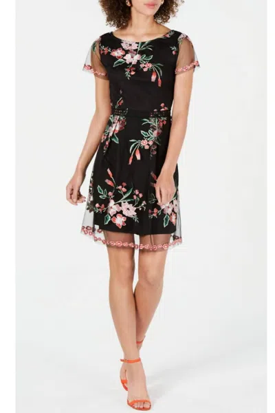 Adrianna Papell Tulle Floral Embroidery Short Party Dress In Black Multi In Blue