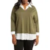 Adrianna Papell Twofer Pullover Sweater In Oak Olive/ivory