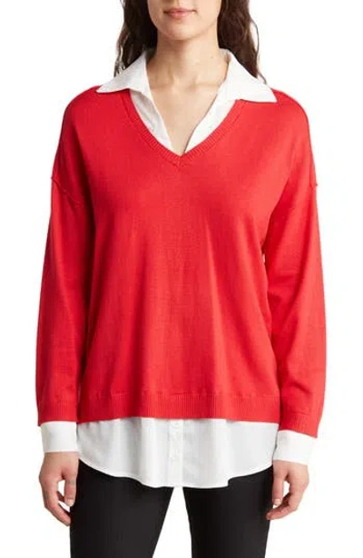 Adrianna Papell Twofer Sweater In Red/ivory