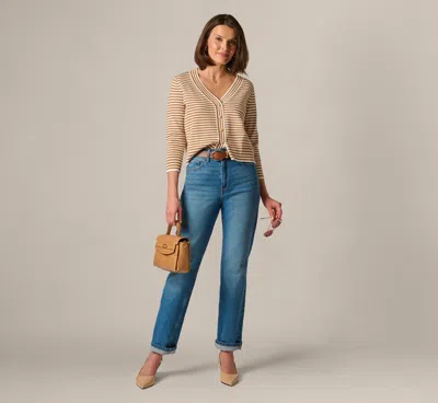 Adrianna Papell V Neck Button Front Cardigan Sweater In Ivory Camel In Brown