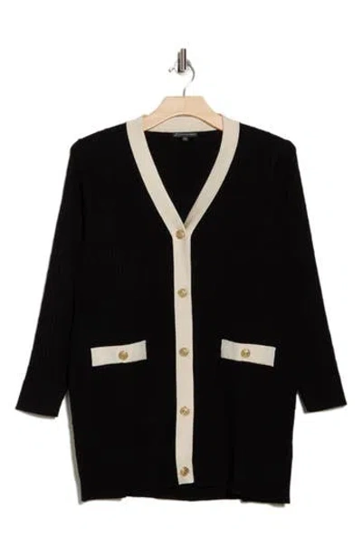 Adrianna Papell V-neck Button Front Long Cardigan In Black/cream