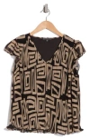 Adrianna Papell V-neck Flutter Sleeve Chiffon Top In Black/cream Large Geo