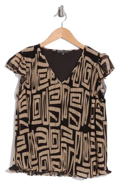 Adrianna Papell V-neck Flutter Sleeve Chiffon Top In Black/cream Large Geo