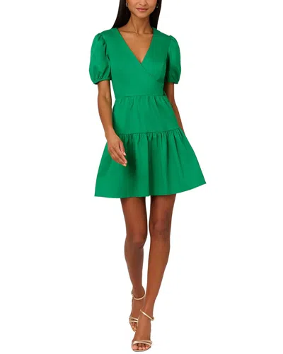 Adrianna Papell V-neck Puff Sleeves Stretch Short Dress In Green