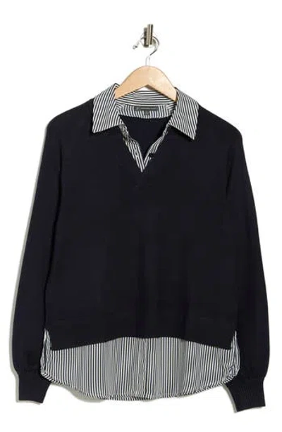 Adrianna Papell V-neck Twofer Sweater In Black