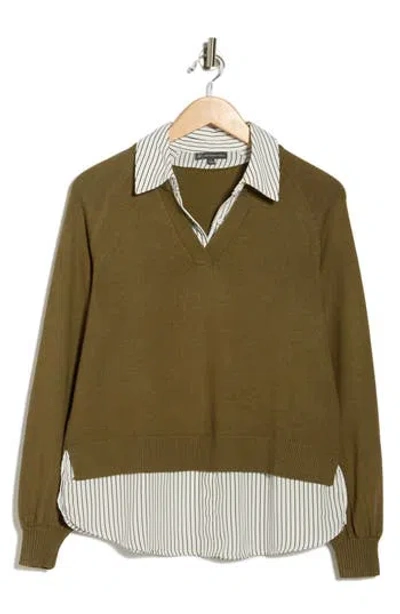 Adrianna Papell V-neck Twofer Sweater In Green