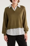 Adrianna Papell V-neck Twofer Sweater In Green