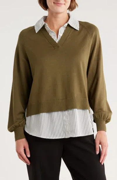 Adrianna Papell V-neck Twofer Sweater In Green