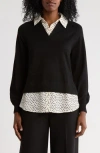 Adrianna Papell V-neck Twofer Sweater In Black