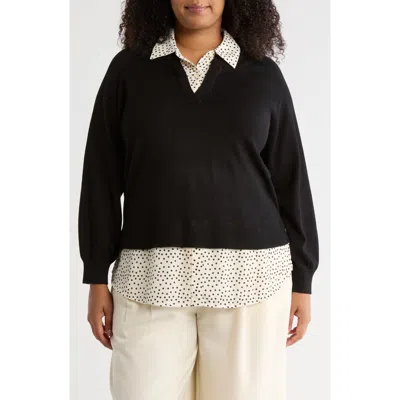 Adrianna Papell V-neck Twofer Sweater In Black