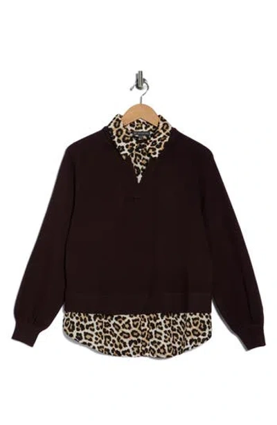 Adrianna Papell V-neck Twofer Sweater In Black